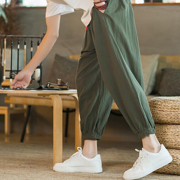 Pantalon en lin uni rouge avec cordon de serrage et poches pour homme avec Buddha Stones - image 9