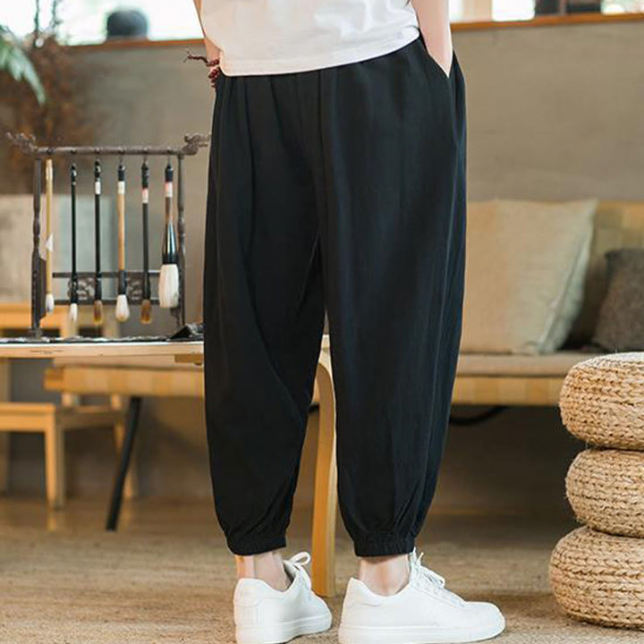 Pantalon en lin uni rouge avec cordon de serrage et poches pour homme avec Buddha Stones - image 20