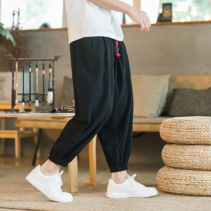 Pantalon en lin uni rouge avec cordon de serrage et poches pour homme avec Buddha Stones - image 19