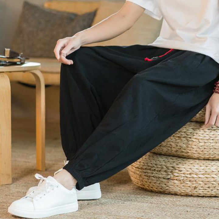 Pantalon en lin uni rouge avec cordon de serrage et poches pour homme avec Buddha Stones - image 21