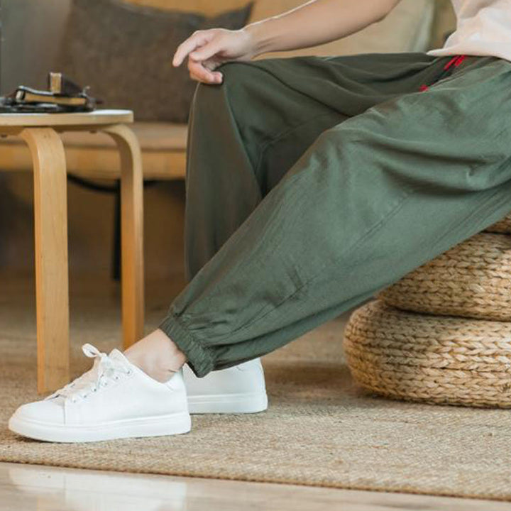 Pantalon en lin uni rouge avec cordon de serrage et poches pour homme avec Buddha Stones - image 11