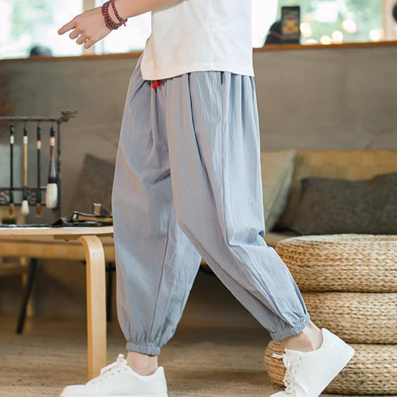 Pantalon en lin uni rouge avec cordon de serrage et poches pour homme avec Buddha Stones - image 28