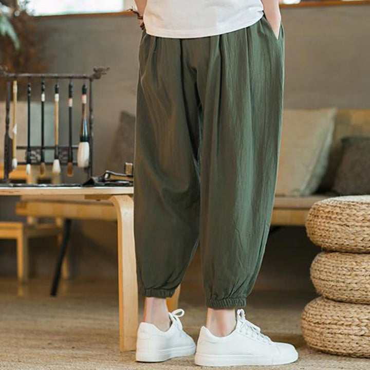 Pantalon en lin uni rouge avec cordon de serrage et poches pour homme avec Buddha Stones - image 5