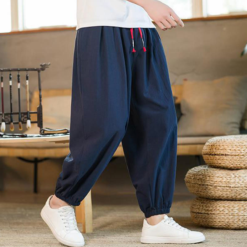 Pantalon en lin uni rouge avec cordon de serrage et poches pour homme avec Buddha Stones - image 33