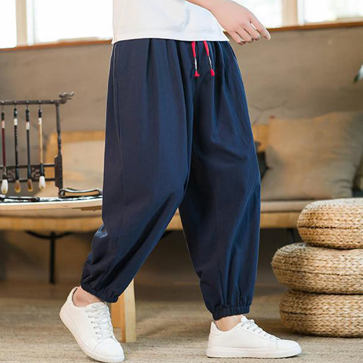 Pantalon en lin uni rouge avec cordon de serrage et poches pour homme avec Buddha Stones - image 33