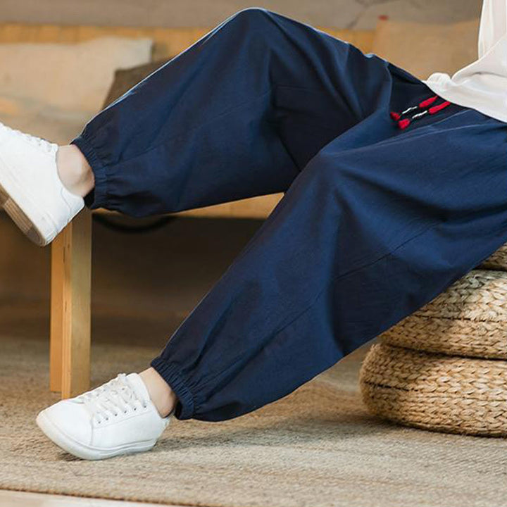 Pantalon en lin uni rouge avec cordon de serrage et poches pour homme avec Buddha Stones - image 36