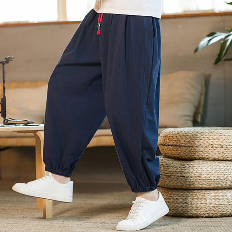 Pantalon en lin uni rouge avec cordon de serrage et poches pour homme avec Buddha Stones - image 35