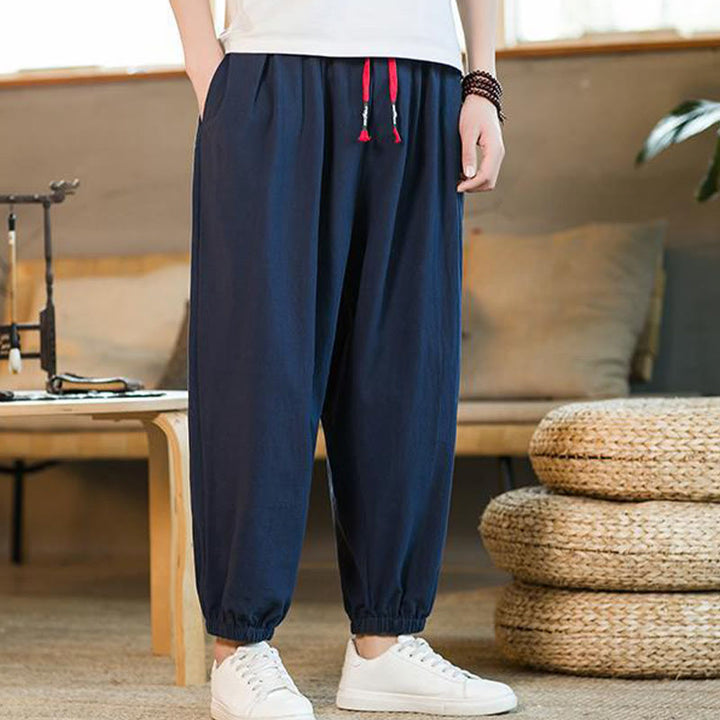 Pantalon en lin uni rouge avec cordon de serrage et poches pour homme avec Buddha Stones - image 31