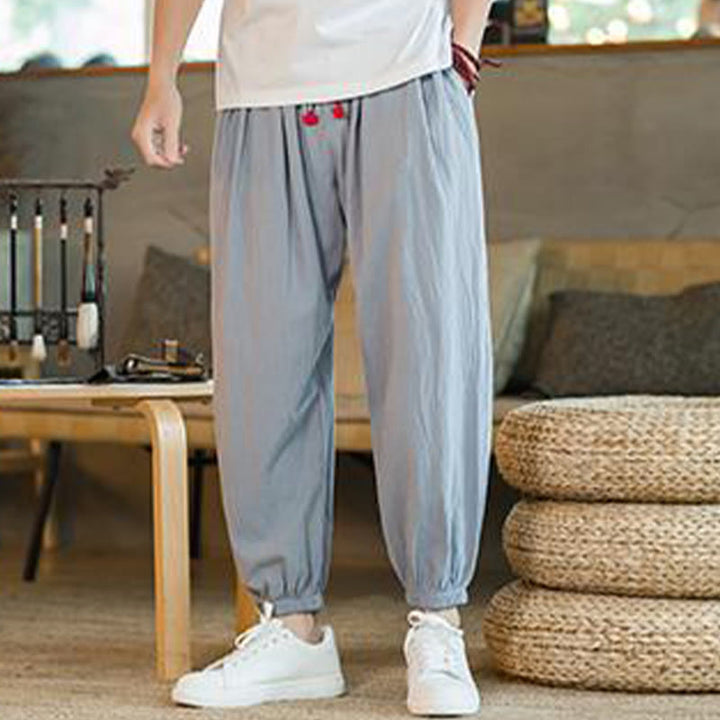 Pantalon en lin uni rouge avec cordon de serrage et poches pour homme avec Buddha Stones - Bleu ciel clair - US/UK/AU46，EU56 (5XL)  - image 23