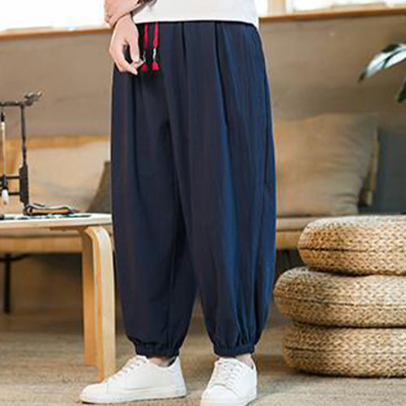 Pantalon en lin uni rouge avec cordon de serrage et poches pour homme avec Buddha Stones - image 32