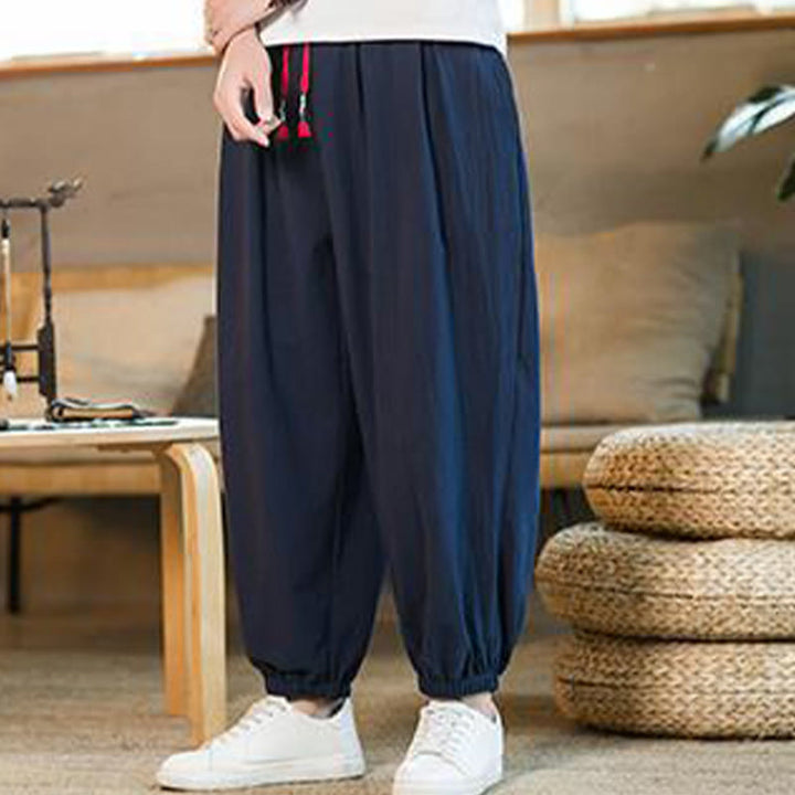 Pantalon en lin uni rouge avec cordon de serrage et poches pour homme avec Buddha Stones - image 32