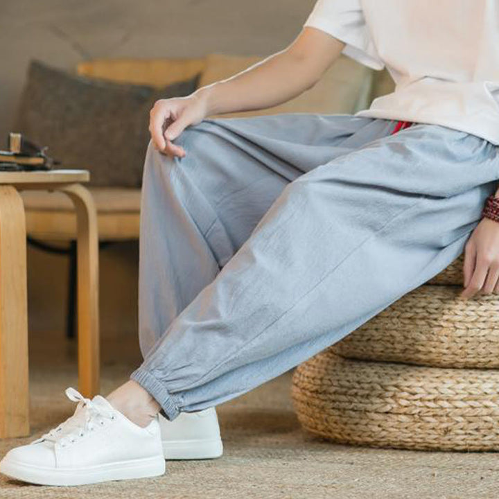 Pantalon en lin uni rouge avec cordon de serrage et poches pour homme avec Buddha Stones - image 26