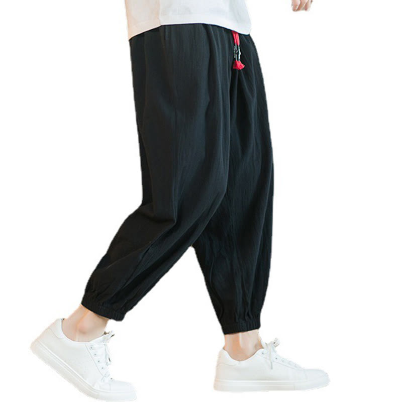 Pantalon en lin uni rouge avec cordon de serrage et poches pour homme avec Buddha Stones - image 22