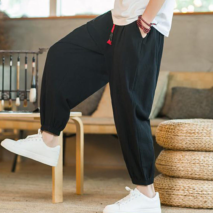 Pantalon en lin uni rouge avec cordon de serrage et poches pour homme avec Buddha Stones - image 15