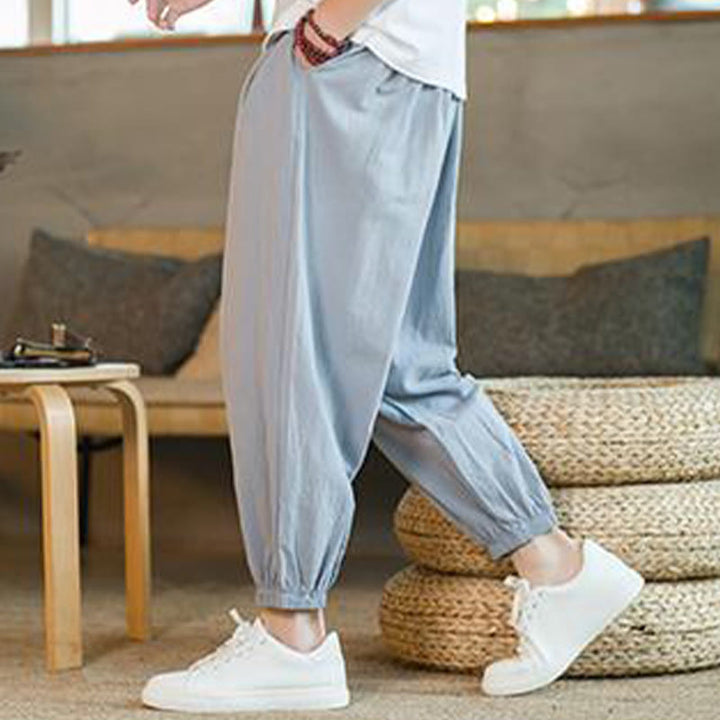 Pantalon en lin uni rouge avec cordon de serrage et poches pour homme avec Buddha Stones - image 27