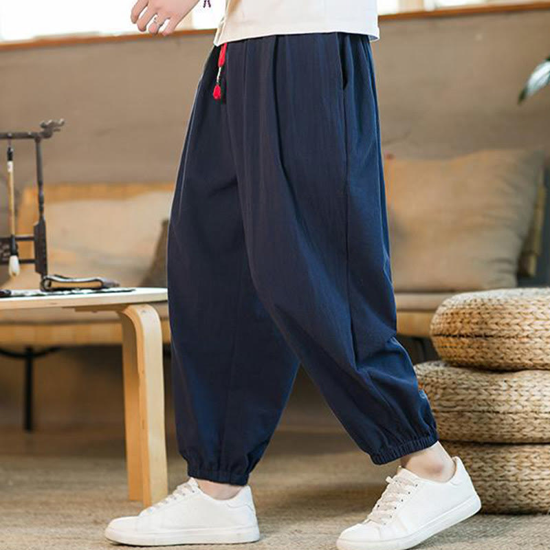 Pantalon en lin uni rouge avec cordon de serrage et poches pour homme avec Buddha Stones - image 34