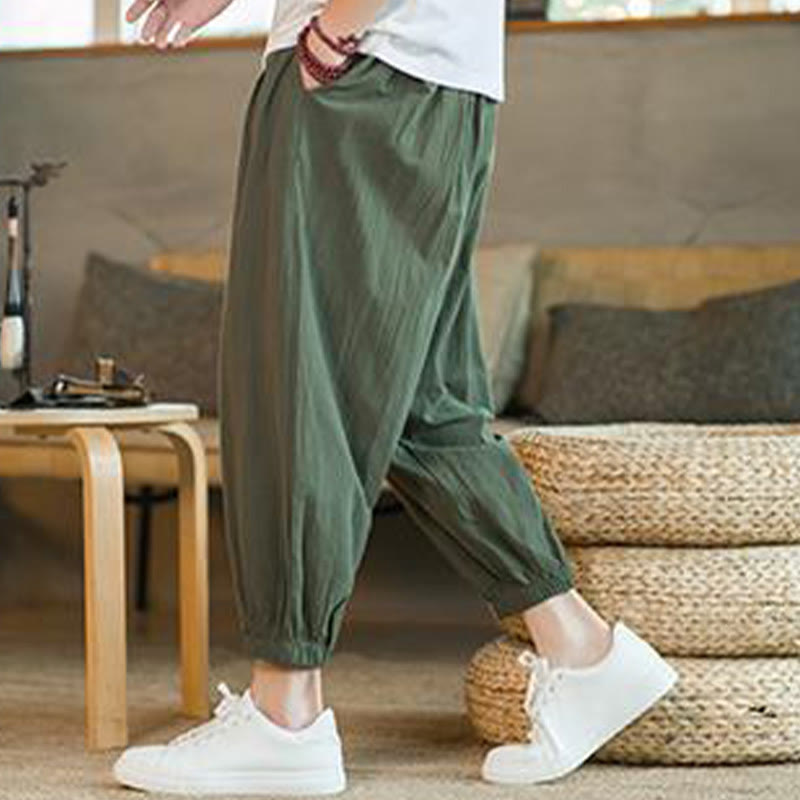 Pantalon en lin uni rouge avec cordon de serrage et poches pour homme avec Buddha Stones - image 8