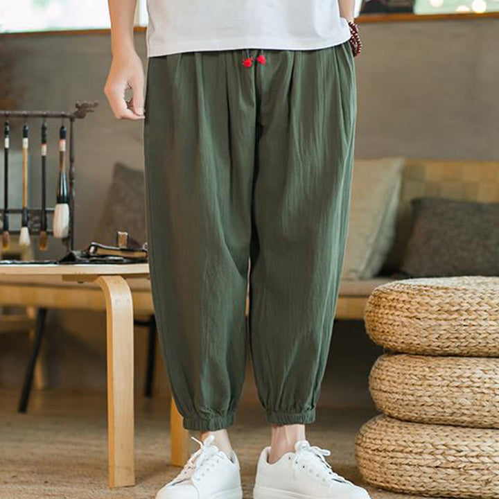 Pantalon en lin uni rouge avec cordon de serrage et poches pour homme avec Buddha Stones - image 1