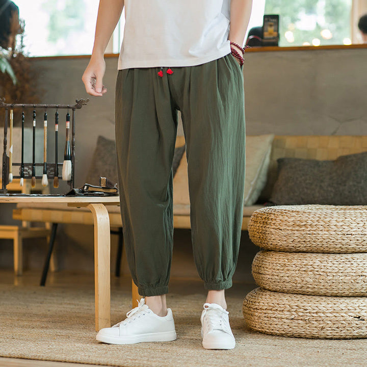 Pantalon en lin uni rouge avec cordon de serrage et poches pour homme avec Buddha Stones - Vert - US/UK/AU46，EU56 (5XL)  - image 0