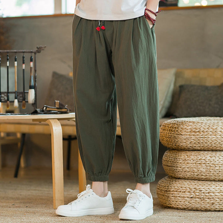 Pantalon en lin uni rouge avec cordon de serrage et poches pour homme avec Buddha Stones - image 2