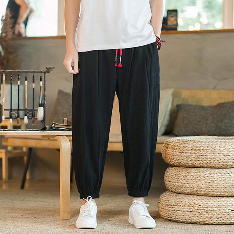 Pantalon en lin uni rouge avec cordon de serrage et poches pour homme avec Buddha Stones - Noir - US/UK/AU46，EU56 (5XL)  - image 12