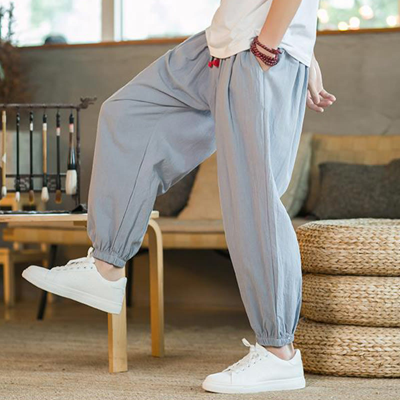 Pantalon en lin uni rouge avec cordon de serrage et poches pour homme avec Buddha Stones - image 25