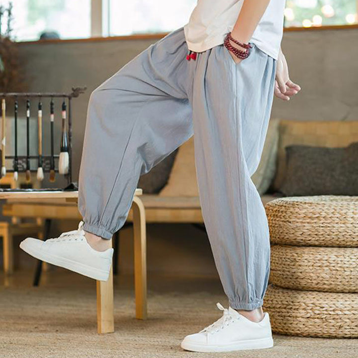 Pantalon en lin uni rouge avec cordon de serrage et poches pour homme avec Buddha Stones - image 25