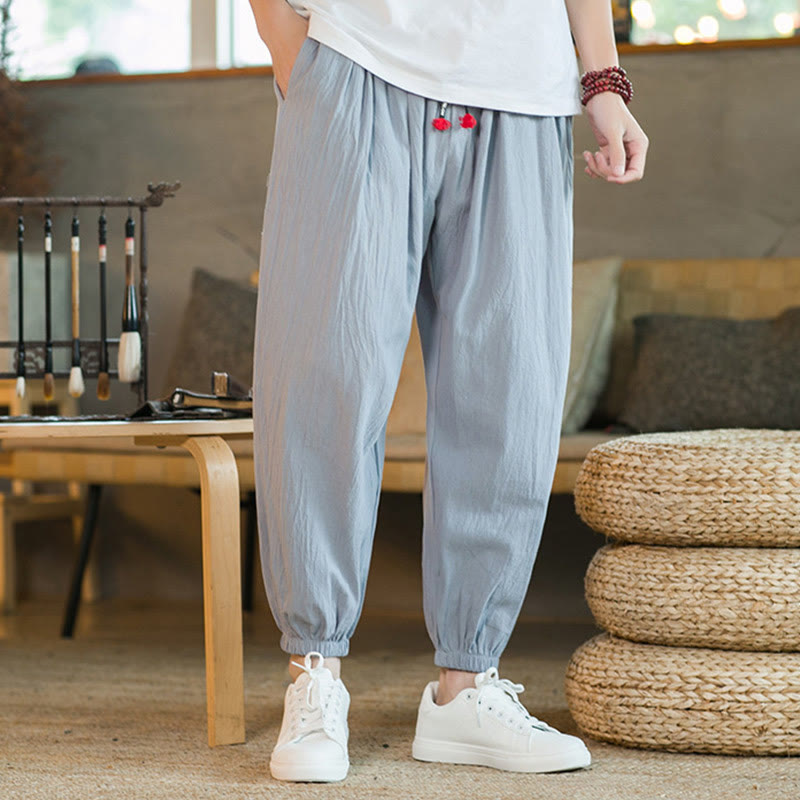 Pantalon en lin uni rouge avec cordon de serrage et poches pour homme avec Buddha Stones - image 24