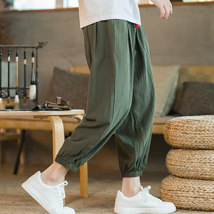 Pantalon en lin uni rouge avec cordon de serrage et poches pour homme avec Buddha Stones - image 7