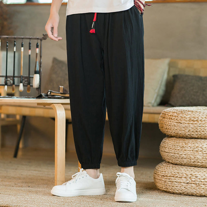 Pantalon en lin uni rouge avec cordon de serrage et poches pour homme avec Buddha Stones - image 14