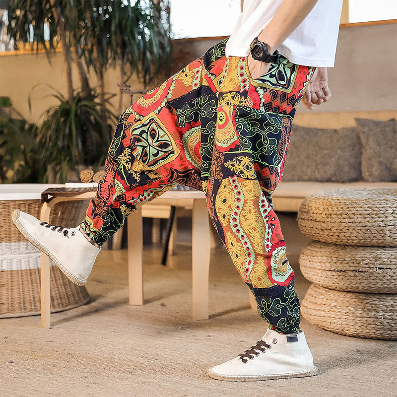 Pantalon sarouel décontracté en coton avec poches pour homme, imprimé feuilles rouges et dorées , Buddha Stones - image 1
