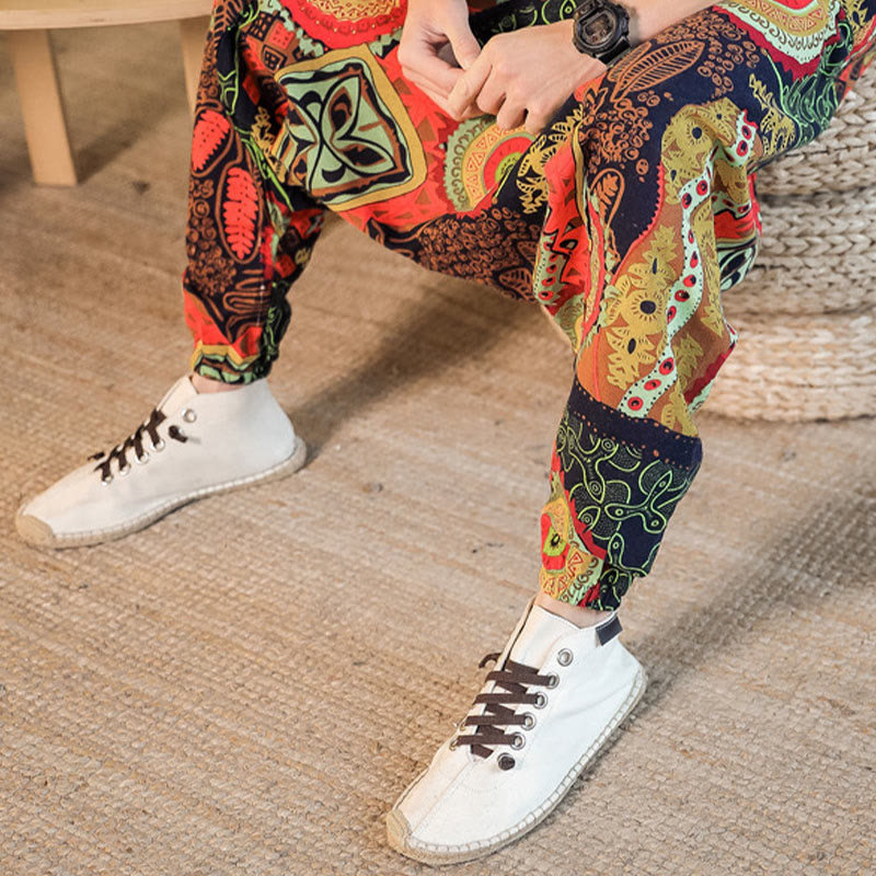 Pantalon sarouel décontracté en coton avec poches pour homme, imprimé feuilles rouges et dorées , Buddha Stones - image 6