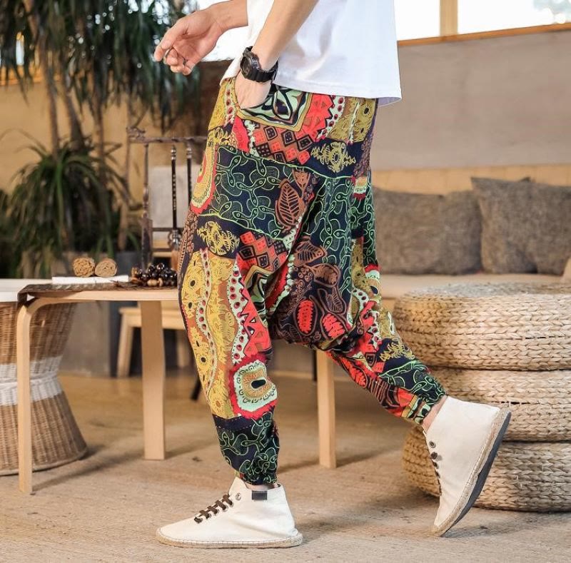 Pantalon sarouel décontracté en coton avec poches pour homme, imprimé feuilles rouges et dorées , Buddha Stones - Noir - US/UK/AU42，EU52 (3XL) - image 0