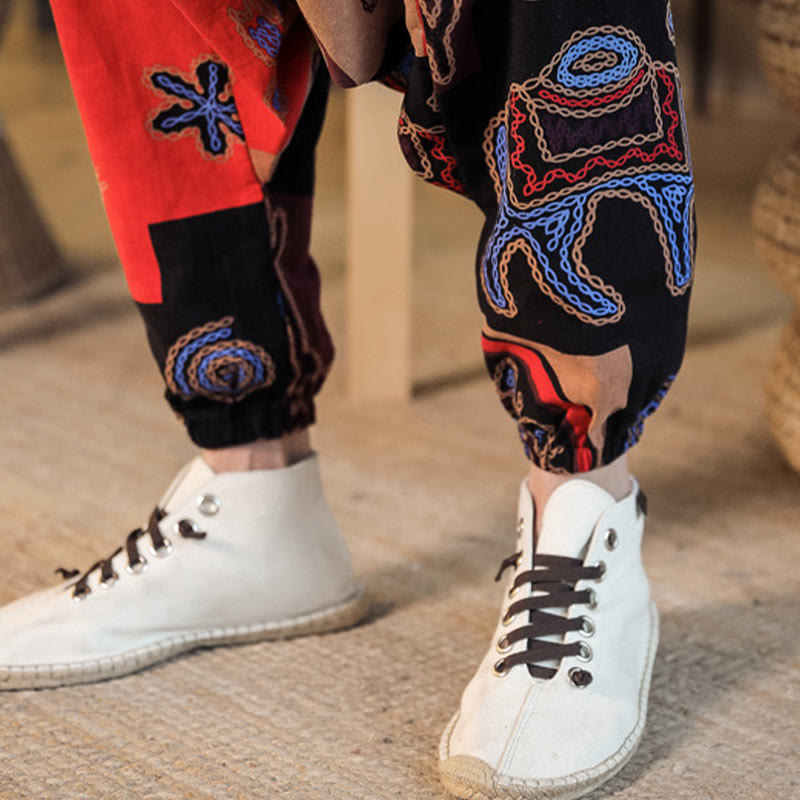 Pantalon sarouel en coton à imprimé fleuri et Buddha Stones pour homme avec poches