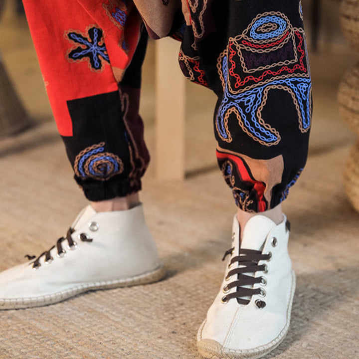Pantalon sarouel en coton à imprimé fleuri et Buddha Stones pour homme avec poches