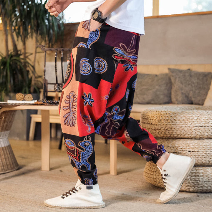 Pantalon sarouel en coton à imprimé fleuri et Buddha Stones pour homme avec poches