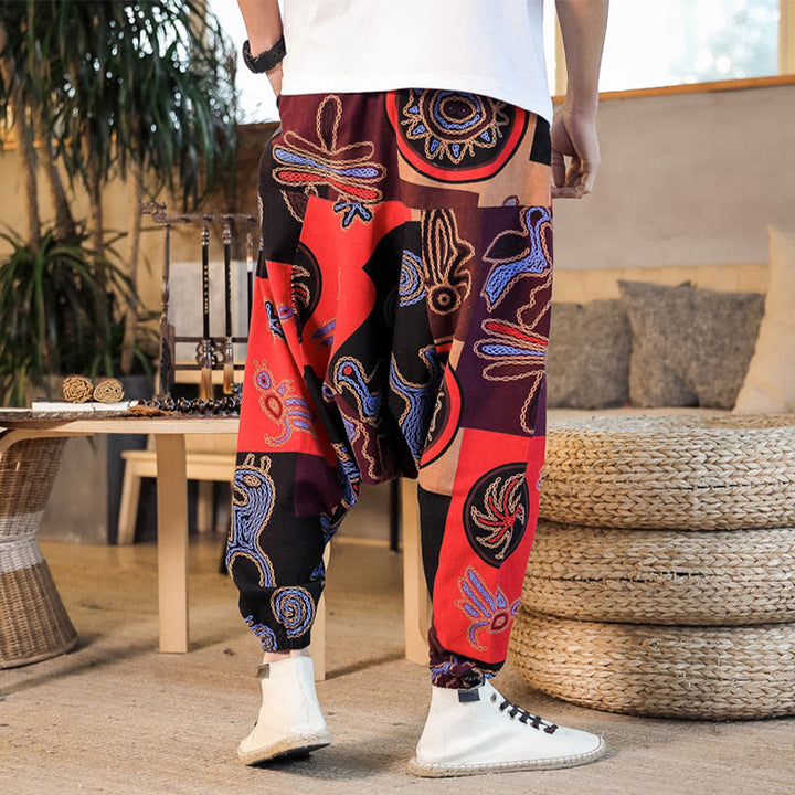 Pantalon sarouel en coton à imprimé fleuri et Buddha Stones pour homme avec poches