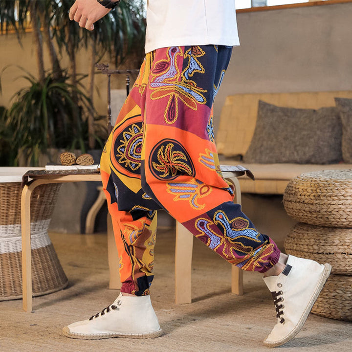 Pantalon sarouel en coton à imprimé fleuri et Buddha Stones pour homme avec poches