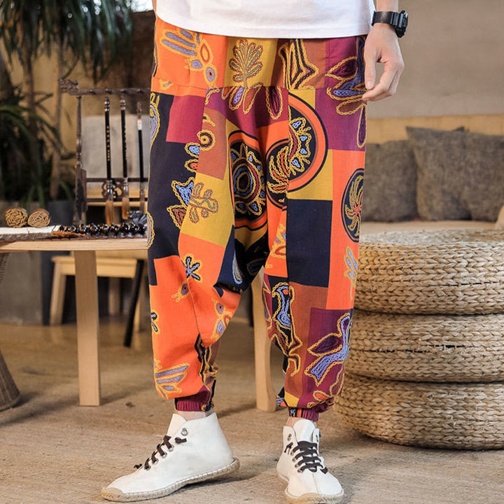 Pantalon sarouel en coton à imprimé fleuri et Buddha Stones pour homme avec poches