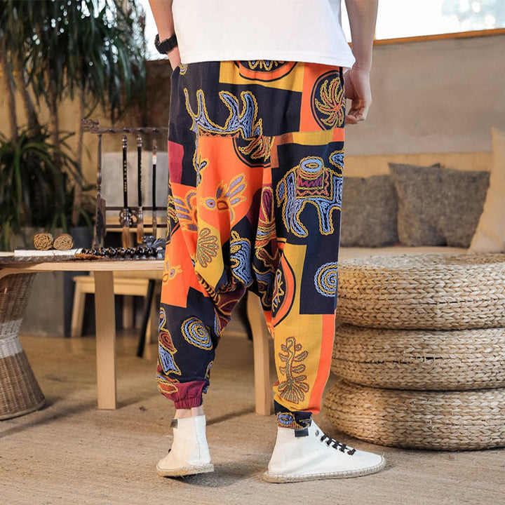 Pantalon sarouel en coton à imprimé fleuri et Buddha Stones pour homme avec poches