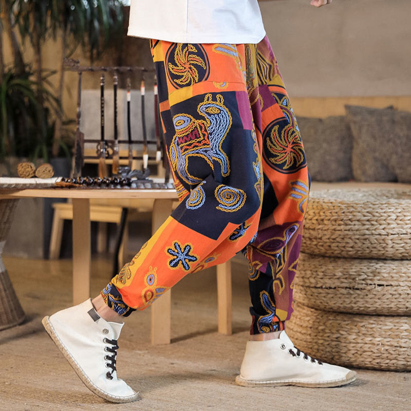 Pantalon sarouel en coton à imprimé fleuri et Buddha Stones pour homme avec poches