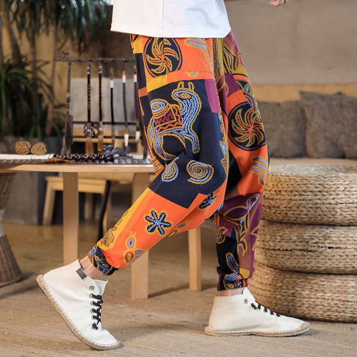 Pantalon sarouel en coton à imprimé fleuri et Buddha Stones pour homme avec poches