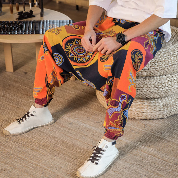 Pantalon sarouel en coton à imprimé fleuri et Buddha Stones pour homme avec poches