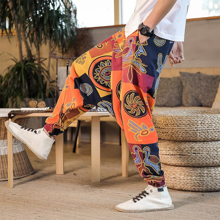 Pantalon sarouel en coton à imprimé fleuri et Buddha Stones pour homme avec poches
