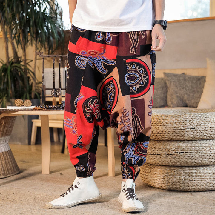 Pantalon sarouel en coton à imprimé fleuri et Buddha Stones pour homme avec poches