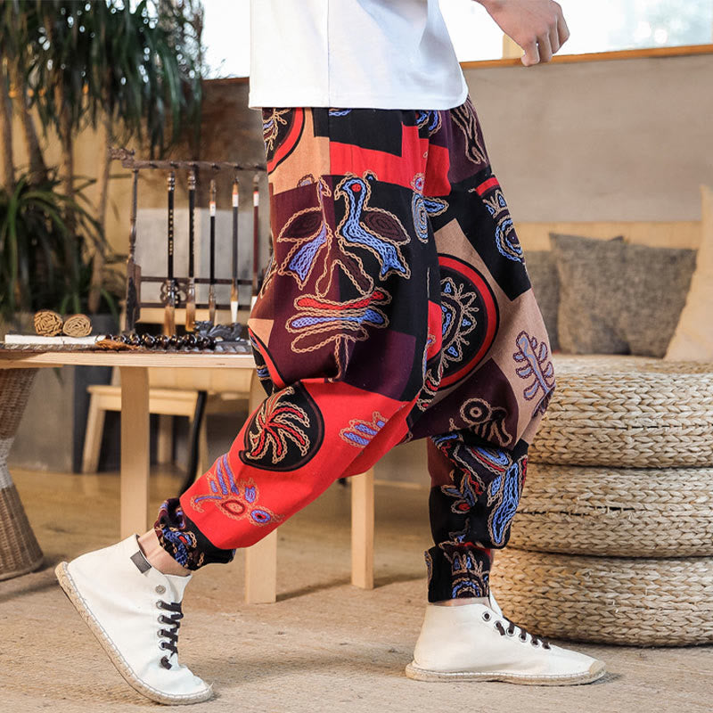 Pantalon sarouel en coton à imprimé fleuri et Buddha Stones pour homme avec poches