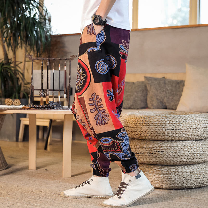 Pantalon sarouel en coton à imprimé fleuri et Buddha Stones pour homme avec poches