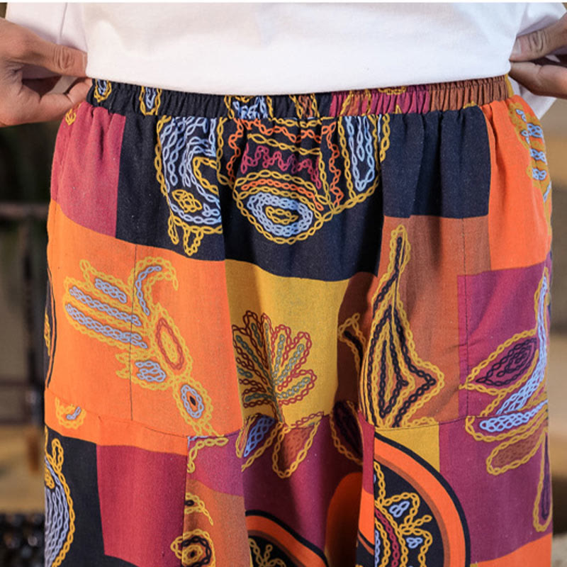 Pantalon sarouel en coton à imprimé fleuri et Buddha Stones pour homme avec poches