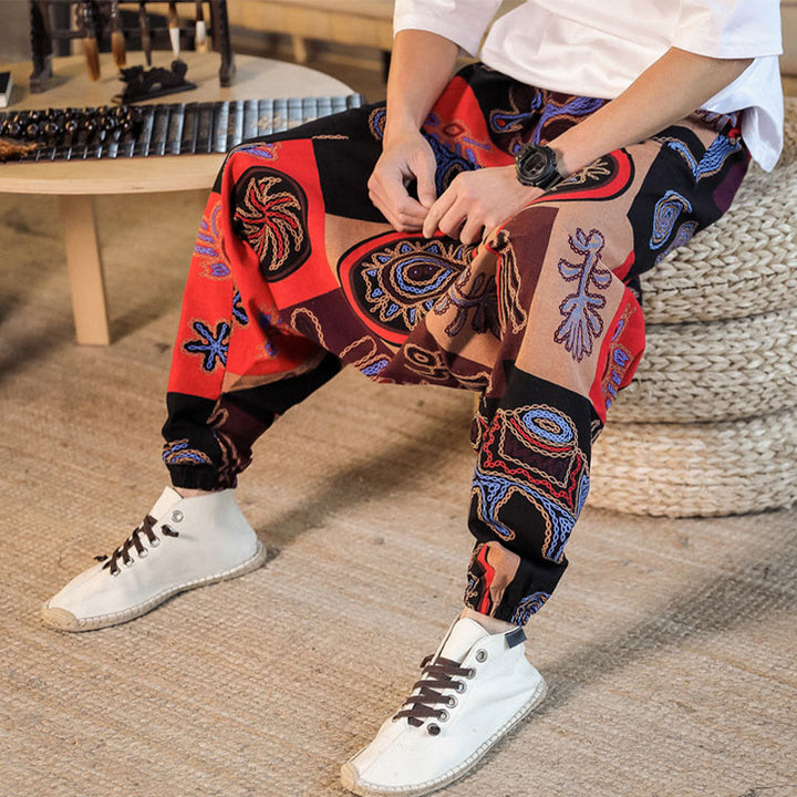 Pantalon sarouel en coton à imprimé fleuri et Buddha Stones pour homme avec poches