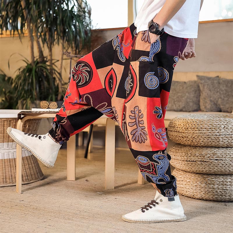 Pantalon sarouel en coton à imprimé fleuri et Buddha Stones pour homme avec poches